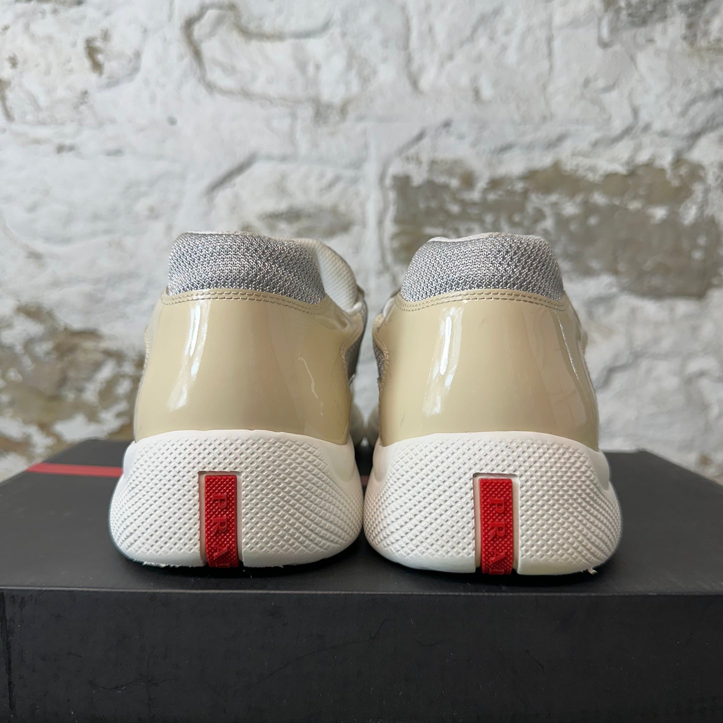 Prada Americas Cup Beige Patent Grey White Sneaker Sz 14