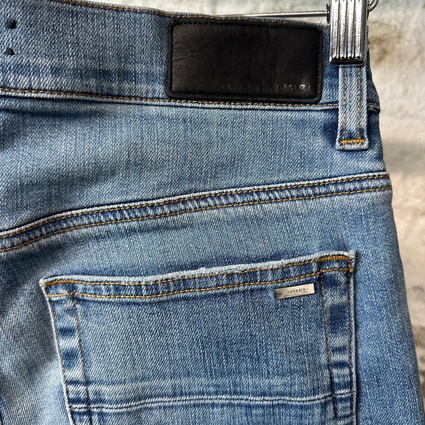 Amiri MX1 Black Leather Blue Denim Jeans Sz 30