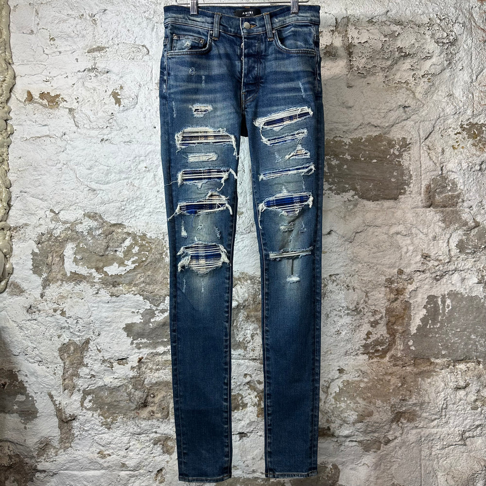 Amiri MX1 Blue Plaid Flannel Dark Blue Denim Jeans Sz 29
