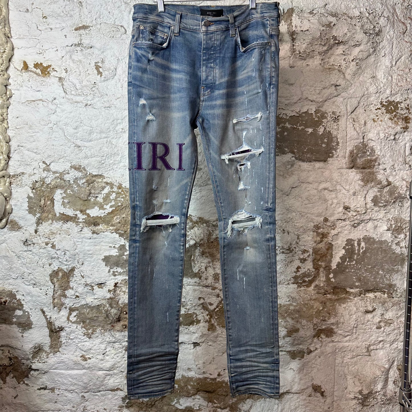 Amiri Purple Suede Core Logo Blue Denim Jeans Sz 34