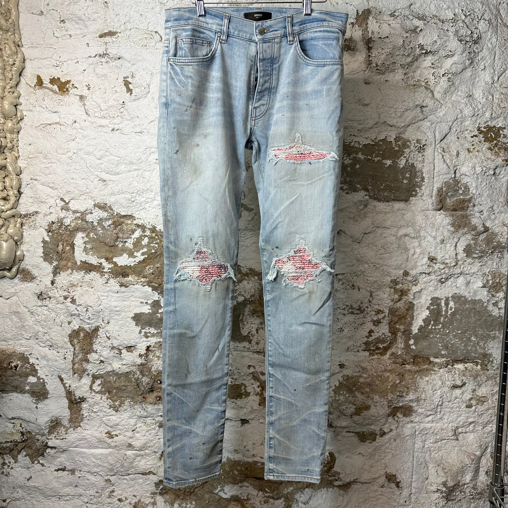 Amiri MX1 Pink Paisley Blue Denim Jeans Sz 31