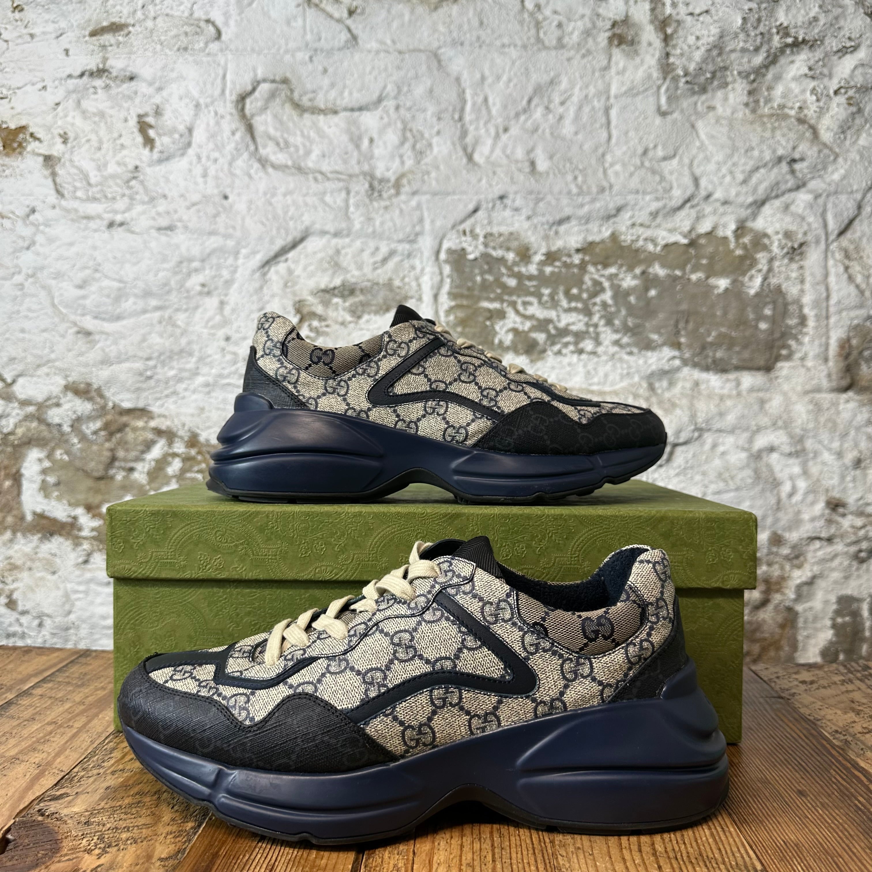Gucci Rhyton Navy GG Monogram Beige Sneaker Sz 8.5