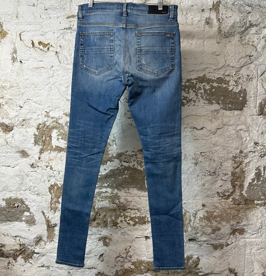 Amiri MX1 Black Leather Dark Blue Denim Jeans Sz 30