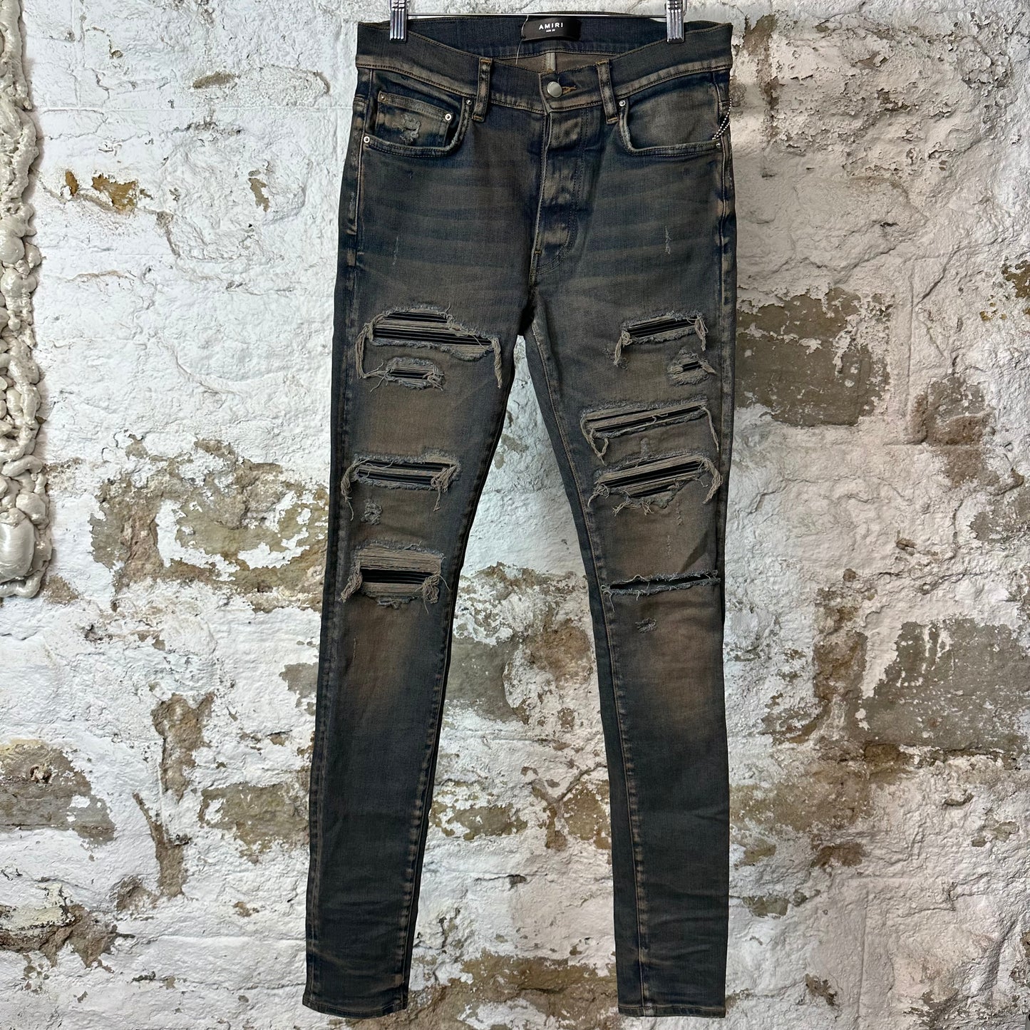 Amiri MX1 Black Leather Thrasher Dirty Blue Denim Jeans Sz 30