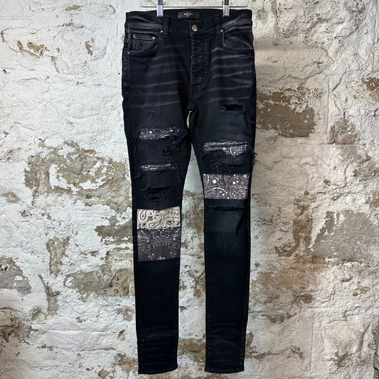 Amiri MX1 Grey Paisley Patches Black Denim Jeans Sz 30