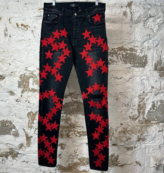 Amiri Red Suede Star Chemist Black Denim Jeans Sz 32