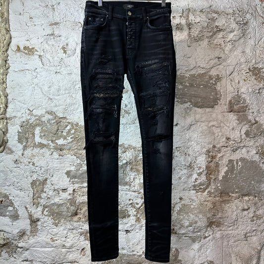 Amiri MX1 Multicolor Paisley Thrasher Black Denim Jeans Sz 29