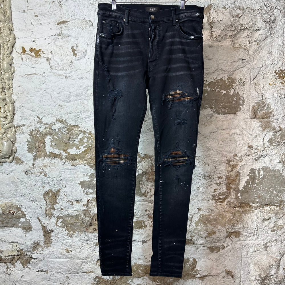 Amiri MX1 Brown Plaid Flannel Black Denim Jeans Sz 34