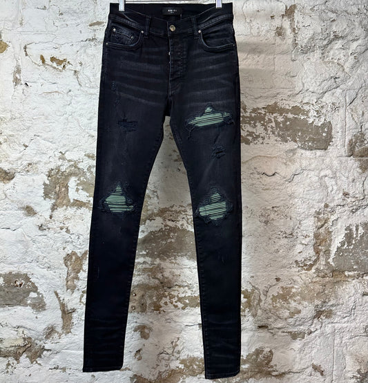 Amiri MX1 Green Suede Black Denim Jeans Sz 29