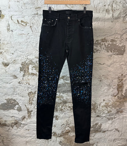 Amiri Paint Splatter Crystal Black Denim Jeans Sz 32