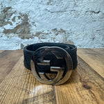 Gucci Black Leather Outlined Canvas Belt Sz 85/34