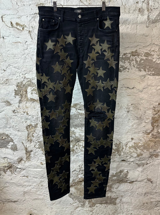 Amiri Green Camo Star Black Denim Jean Sz 36