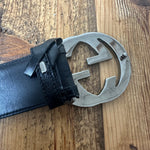 Gucci Black Leather Outlined Canvas Belt Sz 85/34