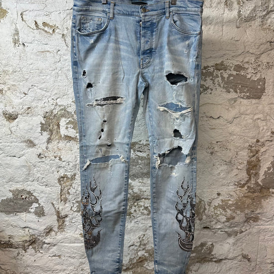 Amiri Brown Black Paisley Flames Blue Denim Jeans Sz 36 – The