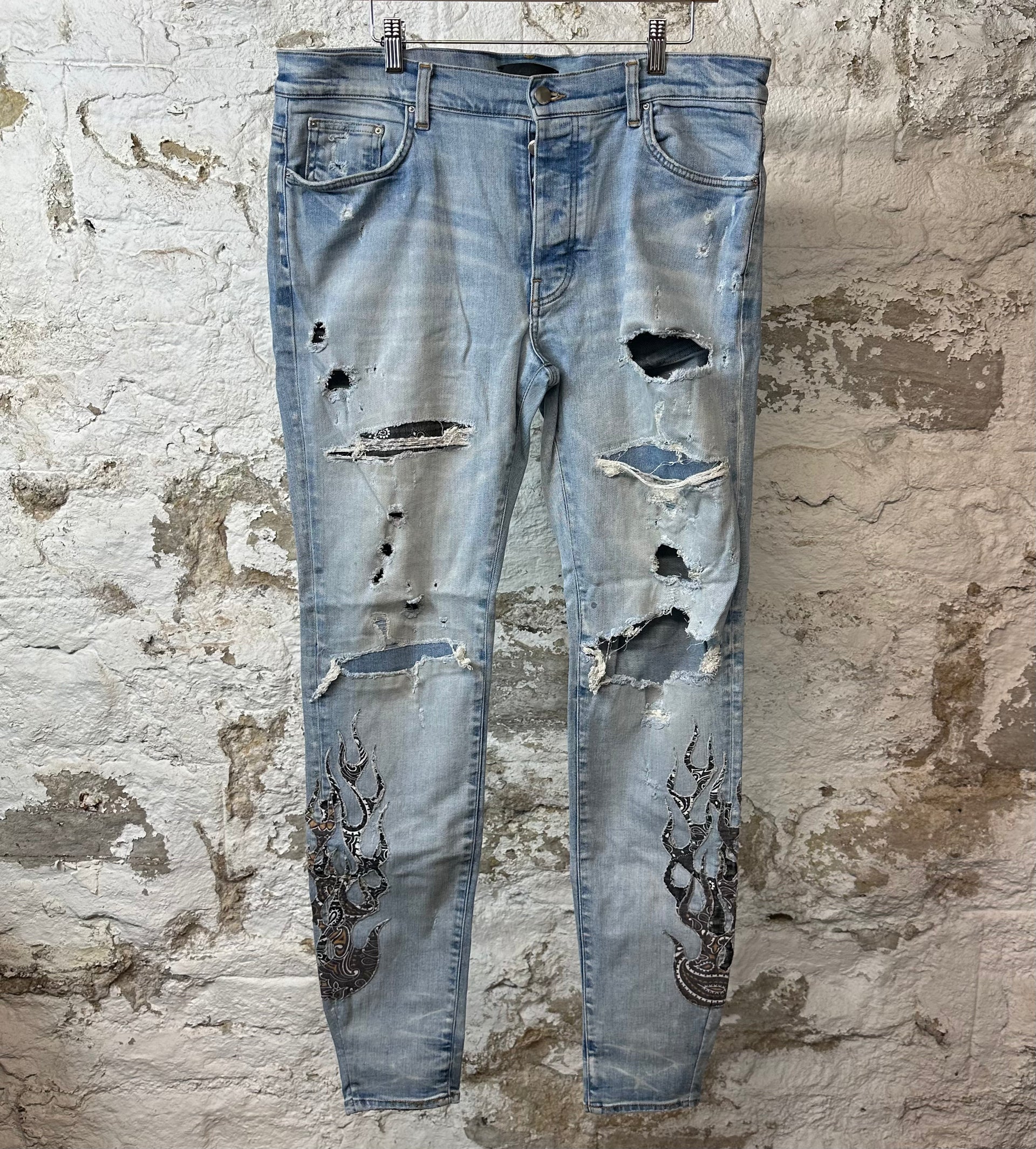 Amiri Brown Black Paisley Flames Blue Denim Jeans Sz 36 – The