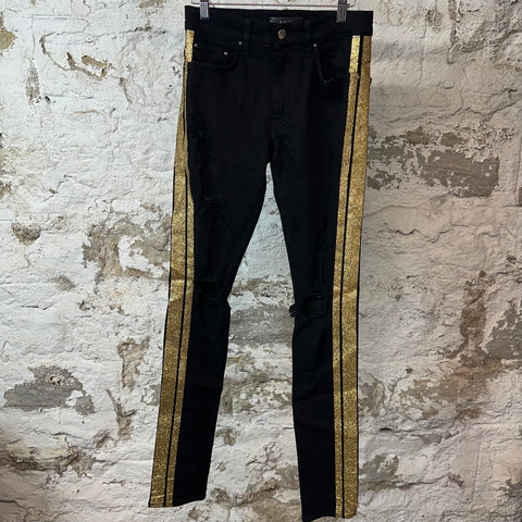 Amiri Gold Glitter Stripe Black Denim Jeans Sz 28